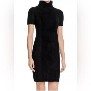 Calvin Klein Short Sleeve Sweater Sheath Dress Black‎ Faux Suede Front Panel Med
